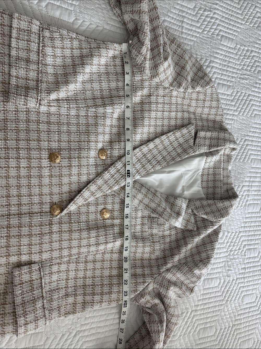 Tailored Double-Breasted Houndstooth Blazer in Cream & Tan - Picture 3 of 8